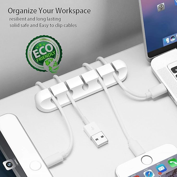 Cord Organizer Cable Management for Desk - 5 Packs White Clips and Cord Keeper, The White Self-Adhesive Holder are Easy to Apply and Stops Wire Getting Dirty