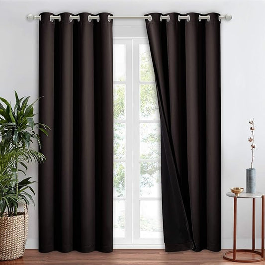 NICETOWN Heat Blocking 100% Blackout Curtains, Durable Black Lined Blackout Curtain for Bedroom, Energy Saving Long Curtain for Patio Sliding Glass Door, Brown, 52 inches x 95 inches, 1 Panel