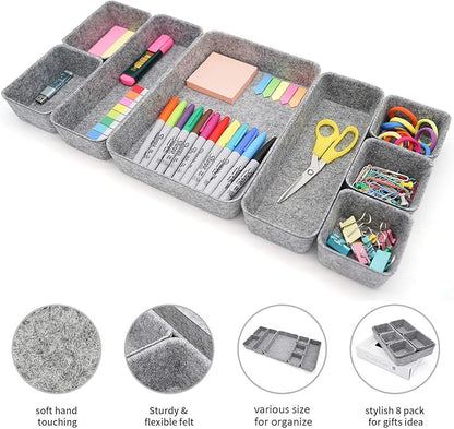 Welaxy Office Drawer Organizers Trays Drawers dividers Felt Storage Bins Organizer bin for Jewelry Cosmetic Makeup Junk Silverware pens Art Crafts Tools Sturdy Flexible Bins,Pack 8 (Gray)