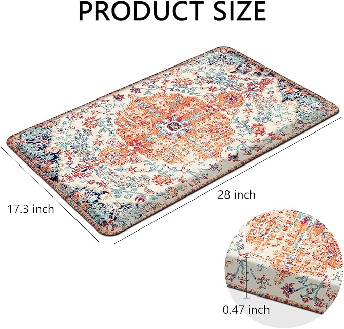 MAYHMYO Boho Kitchen Mat Anti Fatigue Ethnic Kitchen Cushioned Floor Mat Orange Blue Kitchen Rugs Non Slip Cool Rugs for Kitchen Floor Office, 17.3"x28"