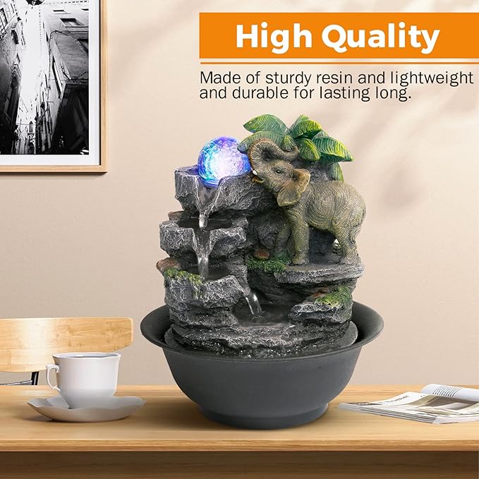 BEAMNOVA Tabletop Fountain,Relaxation Water Feature Feng Shui Indoor Fountain of Elephant Sculpture with Colorful Spinning Ball for Home Office Desktop Décor