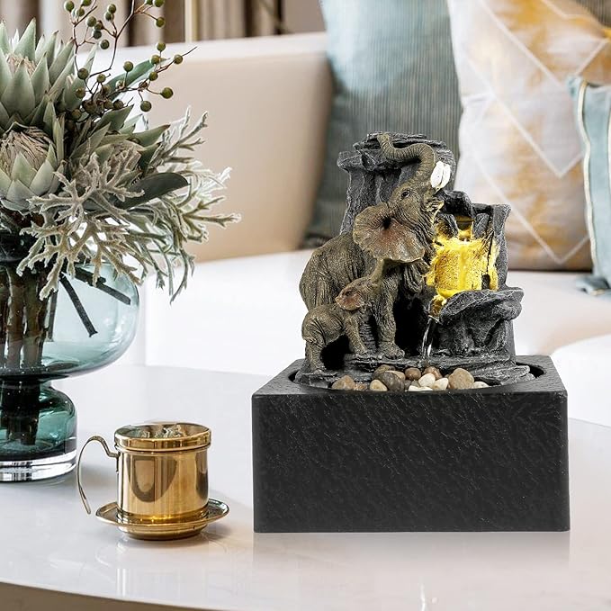 BEAMNOVA Tabletop Fountain,3 Tiered Elephant & Baby Elephant Indoor Fountains,with LED Light Water Feature for Home Office Décor