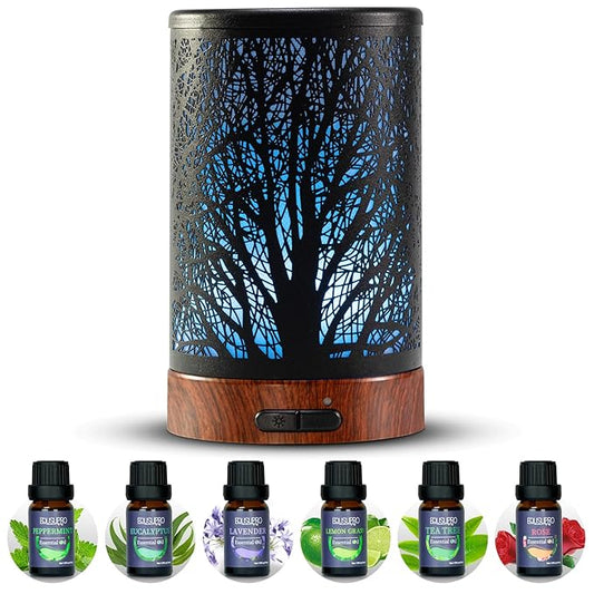 Oil Diffuser with Essential Oils Set – Aromatherapy Oil Diffuser 150ml with 6 Essential Oils Set, Cool Mist Diffusers for Essential Oils, Waterless Auto Shut-Off,7 Colors Night Light, Gifts for Mom