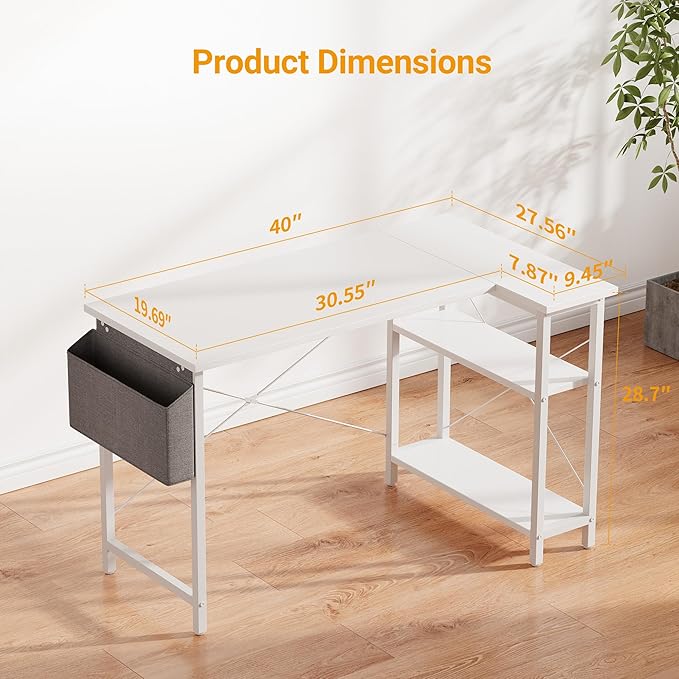 CubiCubi L Shaped Desk, 40 Inch Computer Desk with Reversible Storage Shelves Home Office Corner Desk Study Writing Table, White