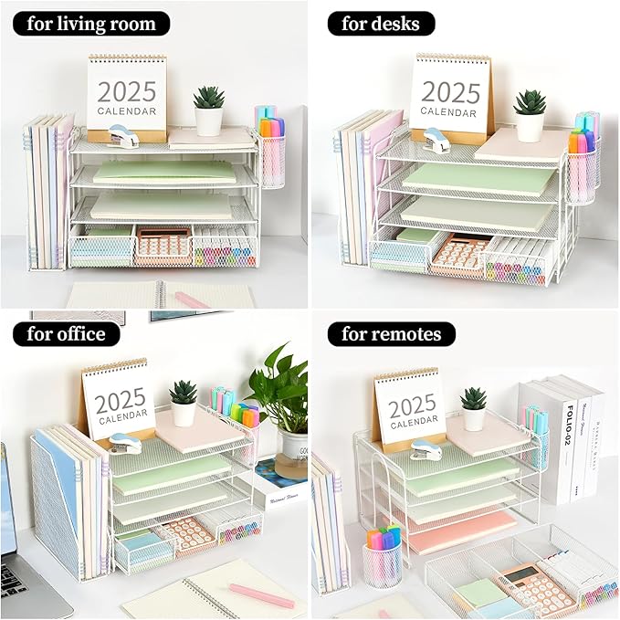 gianotter Paper Letter Tray Organizer with File Holder, 4-Tier Desk Accessories & Workspace Organizers with Drawer and 2 Pen Holder, Desk Organizers and Accessories for Office Supplies (White)