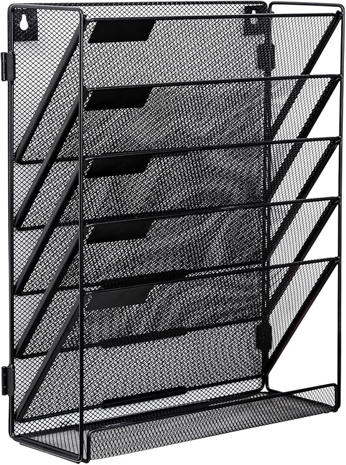 EasyPAG Mesh 5-Tier Hanging Wall Mount File Organizer Desk File Holder Vertical Mail Paper Folder Rack with Bottom Tray for Office Home,Black