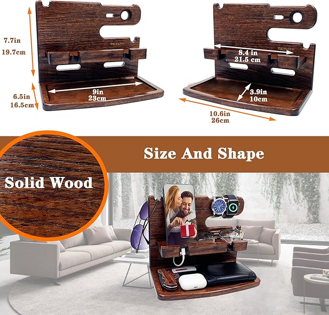 Gifts for Men Women Dad Husband Boyfriend Wood Phone Docking Station Nightstand Organizer for Men Gift Ideas for Mother's Day,Father's Day, Christmas, and Valentine's Day(Dark Brown)