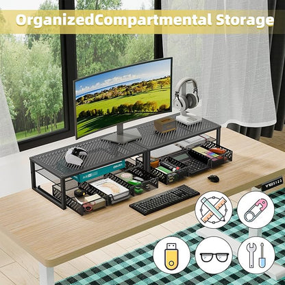 Metal Monitor Stand Riser and Computer Desk Organizer with Drawer for Laptop, Computer, iMac, Black