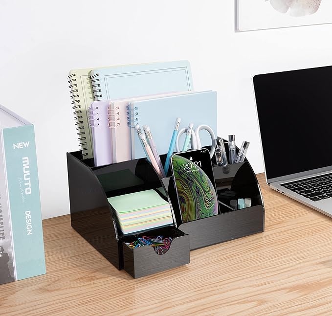 Black Desk Organizer, 9 Compartments, Office Supplies and Desk Accessories Organizer, Office Decor Desktop Organizer (Black)