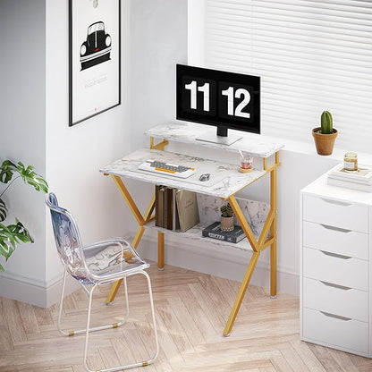 ODK Small Desk, 27.5 Inch Small Computer Desk for Small Spaces, Compact Desk with Storage, Tiny Desk Study Desk with Monitor Stand for Home Office, White Marble + Gold Leg