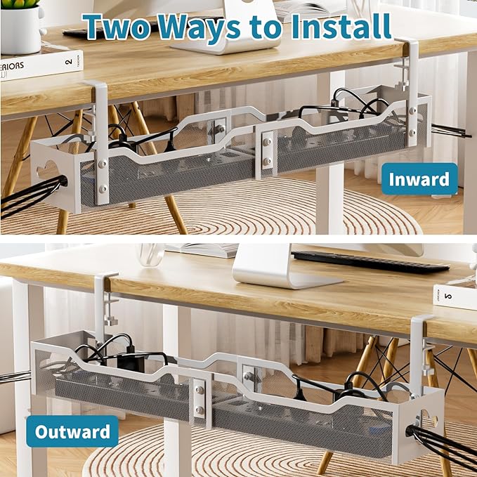 Under Desk Cable Management Tray, 25'' Metal Cable Tray with Clamp for Desk Wire Management, Litwaro Cable Management Under Desk No Drill, Desk Cord Organizer - No Damage to Desk…