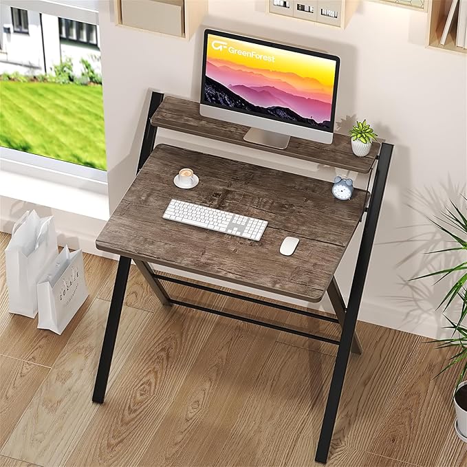 GreenForest Folding Desk No Assembly Required Small Size, 2-Tier Foldable Computer Desk with Shelf for Home Office, Space Saving Portable Laptop Study Foldable Table for Small Spaces, Brown