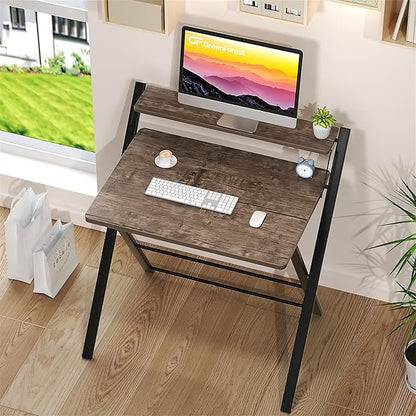 GreenForest Folding Computer Desk No Assembly Required 2 Tier Computer Desk with Shelf Space Saving Small Foldable Fully Unfold 32 X 24.5 inch, Brown, Large Size:29.5 X 20.47