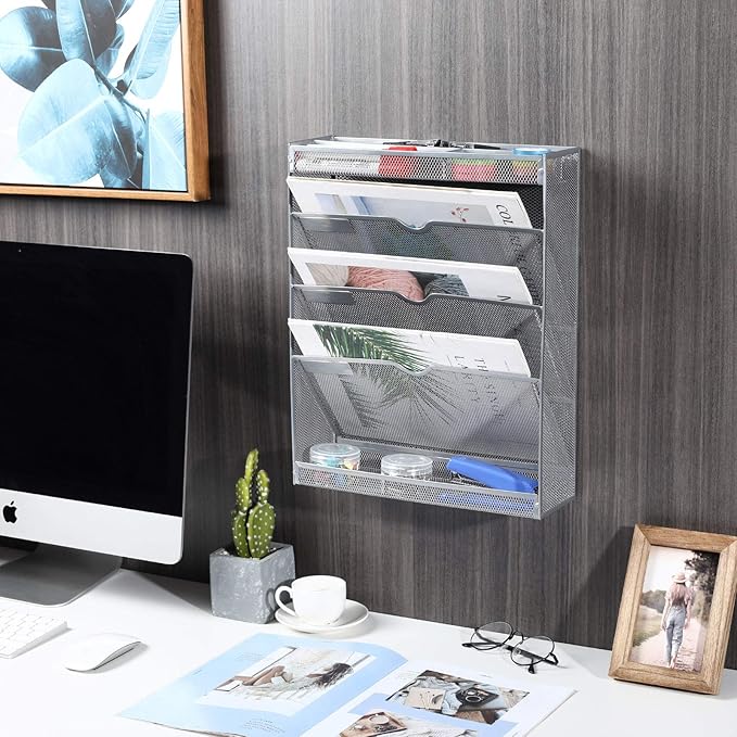 EasyPAG Mesh Wall File Holder 3 Tier Vertical Mount Hanging Organizer with Bottom Flat Tray and 3 Compartments Accessories Organizer,Silver