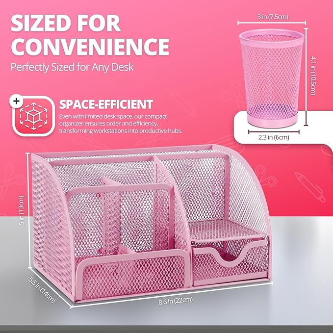 Flexzion Desk Top Caddy Organizer - Pink Office Desk Accessories Organizer and Storage - Metal Mesh Desk with 6 Compartments, Drawer and Pen Holder