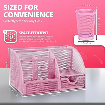 Flexzion Desk Top Caddy Organizer - Pink Office Desk Accessories Organizer and Storage - Metal Mesh Desk with 6 Compartments, Drawer and Pen Holder