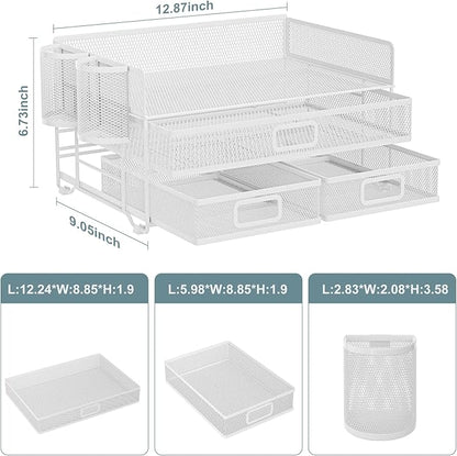 Marbrasse 3 Tier Mesh Desk Organizer with Drawer, Multi-Functional Desk Organizers and Accessories, Paper Letter Organizer with 2 Pen Holder for Home Office Supplies (White)