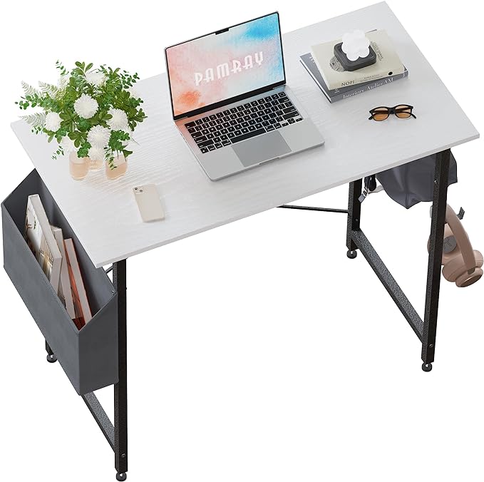 Pamray 32 Inch Computer Desk for Small Spaces with Storage Bag, Home Office Work Desk with Headphone Hook, Small Office Desk Study Writing Table