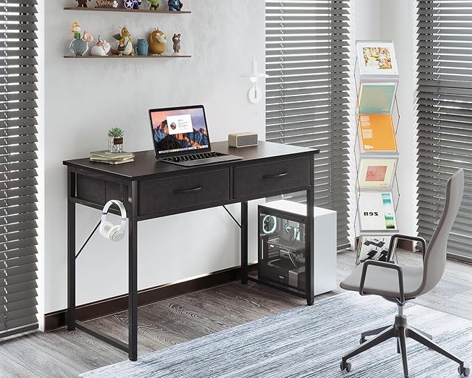 ODK 40 Inch Small Desk with Fabric Drawers- for Bedroom, Black Study Desk with Storage, Home Office Computer Desk for Small Spaces, Modern Work Writing Kids Table, Black