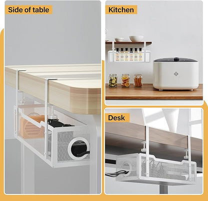 Under Desk Cable Management Tray White, Cinati Cable Management Under Desk No Drill, Cable Tray with Clamp for Desk Wire Management,Desk Cable Management Box for Office, Home - No Damage to Desk