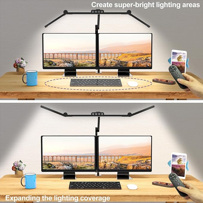 Micomlan Desk Lamp with Clamp, Architect Led Desk Lamp for Home Office with Remote Control, 24W Ultra Bright Auto Dimming Computer Desk Light Adjustable Table Light for Working Workbench (Remote)