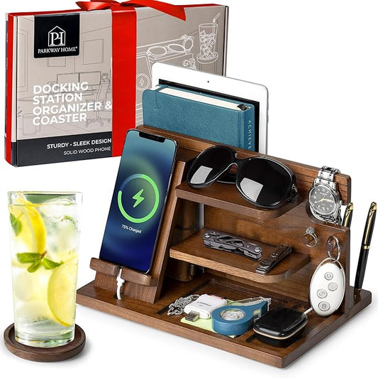 Wood Phone Docking Station - Wood Charging Station Organizer Stand, Bedside Nightstand Organizer for Men and Women, Holds Phone, Tablet, Keys, Glasses, EDC and More