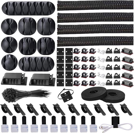 N NOROCME Cord Management Organizer Kit 4 Cable Sleeve Split with 41Self Adhesive Clips Holder, 10pcs and 2 Roll Self tie 100 Fastening Ties for TV Office Car Desk Home Black