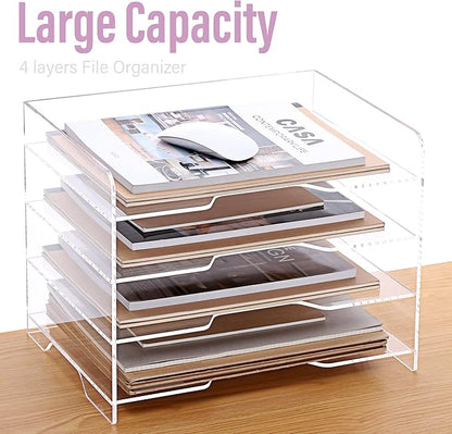 SANRUI Acrylic Paper Organizer Letter Tray for Desk, 4 Tier Enlarged File Sorter,Clear File Holder Desktop Shelf Document Storage for School Office Home