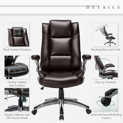 COLAMY Leather Executive Office Chair - High Back Home Computer Desk Chair with Padded Flip-up Arms, Adjustable Tilt Lock, Swivel Rolling Ergonomic Chair for Adult Working Study, Brown