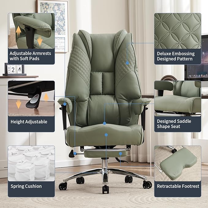 Big and Tall Office Chair 400lbs Wide Seat, Leather High Back Executive Office Chair with Foot Rest, Ergonomic Office Chair Lumbar Support for Lower Back Pain Relief (Light Green)