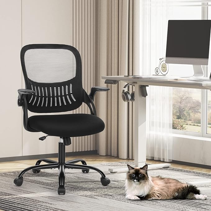 SMUG Office Computer Desk Chair, Ergonomic Mid-Back Mesh Rolling Work Swivel Task Chairs with Wheels, Comfortable Lumbar Support, Comfy Flip-up Arms for Home, Bedroom, Gaming, Study, Student, Black