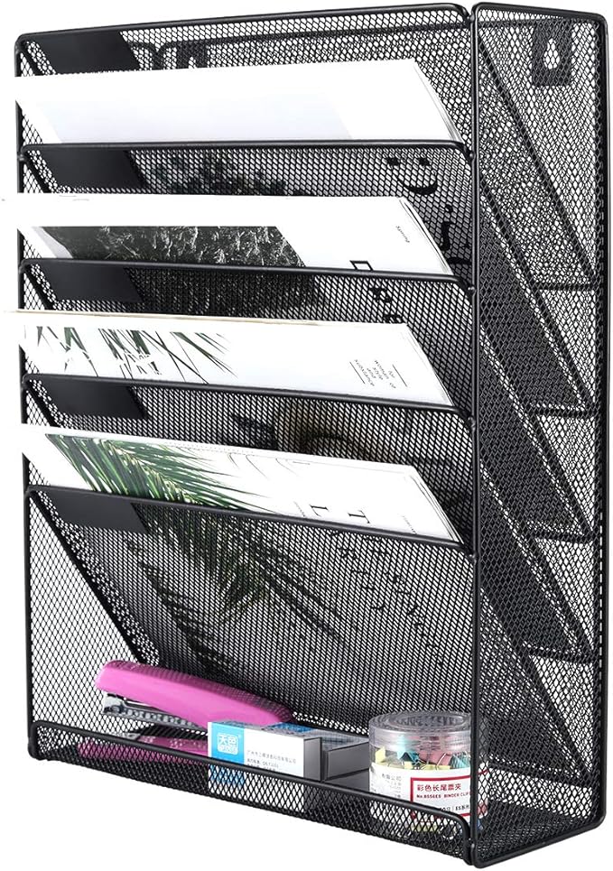 EasyPAG 5 Slot Wall Hanging File Organizer Vertical Office Desk /Wall Mounted File Holder Paper Organizer with Bottom Flat Tray,Black