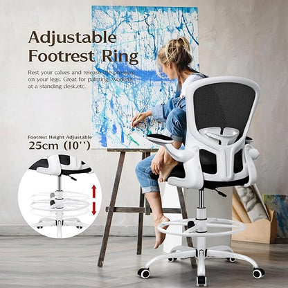 FelixKing Drafting Chair, Tall Office Chairs with Footrest Ring, Home Standing Desk High Chair with Lumbar Support Adjustable Counter Height Ergonomic Swviel Rolling Chairs for Working (White)