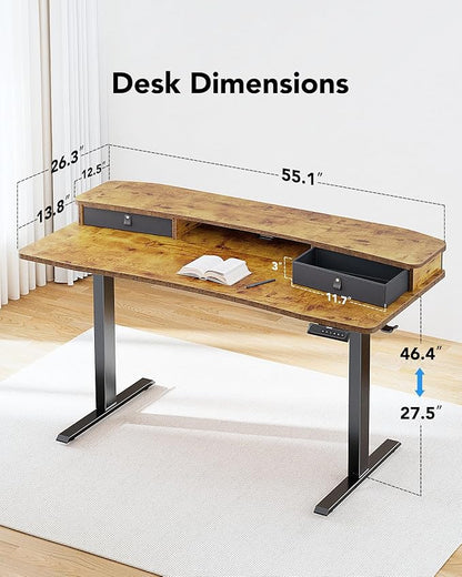 HUANUO 55″ x 26″ Electric Standing Desk with 2 Drawers, C-Clamp Mount Compatible, Height Adjustable Computer Desk, Home Office Stand Up Desk with 4 Preset Heights & 2 Hooks, Vintage Brown