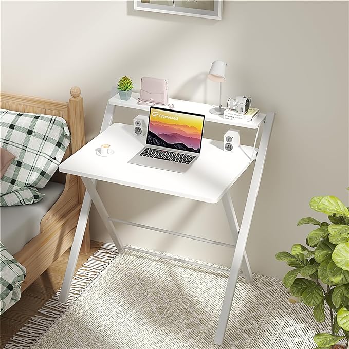 GreenForest Folding Desk No Assembly Required Large Size, 2-Tier Foldable Computer Desk with Shelf for Home Office, Space Saving Portable Laptop Study Foldable Table for Bedroom, White