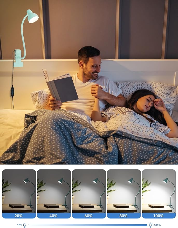 Clip on Reading Light for Bed 3 Color Modes, 10 Brightness Dimmable, Flexible Gooseneck Clip on Lamp, Eye Care Clip Light for Bed Headboard Desk Home Dorm, Teal