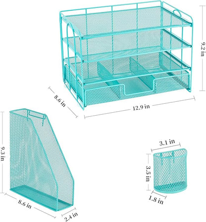 gianotter Paper Letter Tray Organizer with File Holder, 4-Tier Desk Accessories & Workspace Organizers with Drawer and 2 Pen Holder, Desk Organizers and Accessories for Office Supplies (Blue)