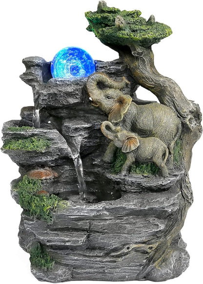 BEAMNOVA Tabletop Fountain,Relaxation Water Feature Feng Shui Indoor Fountain of Elephant Sculpture with Colorful Spinning Ball for Home Office Desktop Décor