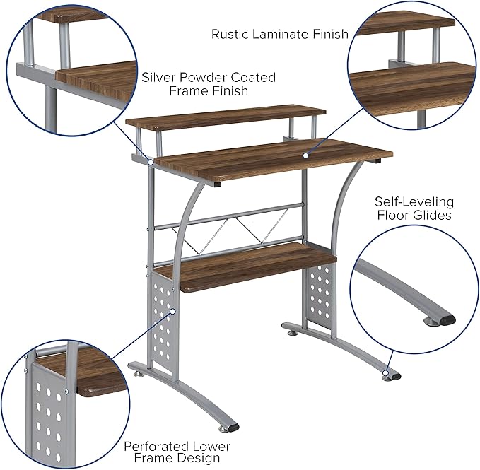 Flash Furniture Clifton Rustic Walnut Computer Desk with Top and Lower Storage Shelves 28 Inch