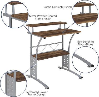 Flash Furniture Clifton Rustic Walnut Computer Desk with Top and Lower Storage Shelves 28 Inch