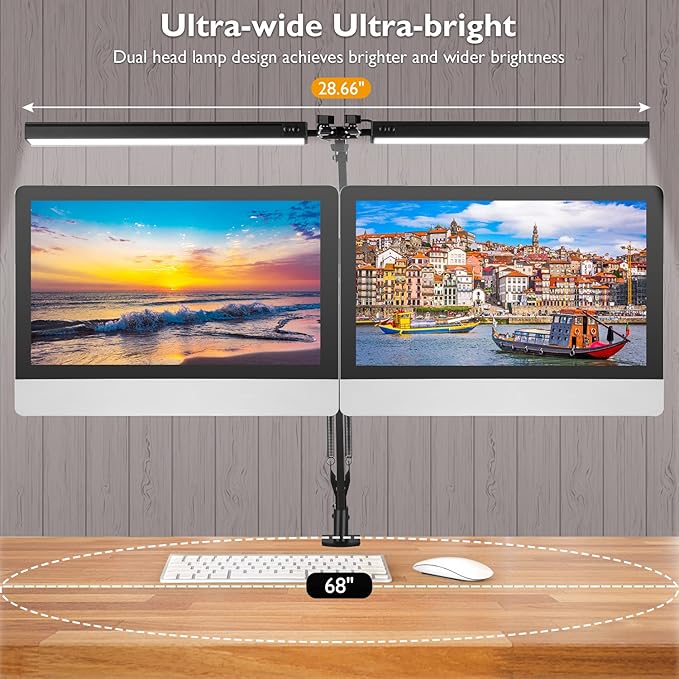 LED Desk Lamp with Clamp, Super Bright Double Head Desk Lamps for Home Office, 5 Color Modes, 10%~100% Dimmable Brightness, Architect Task Desk Light, Modern Swing Arm Workbench Desk Lighting