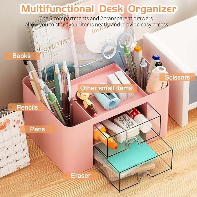 Pencil Pen Holder for Desk,2 Drawer Desk Organizers,5 Compartments Desktop Storage Stationery Supplies Organizer, Cute Pencil Cup Pot For Office, School, Home(Pink)