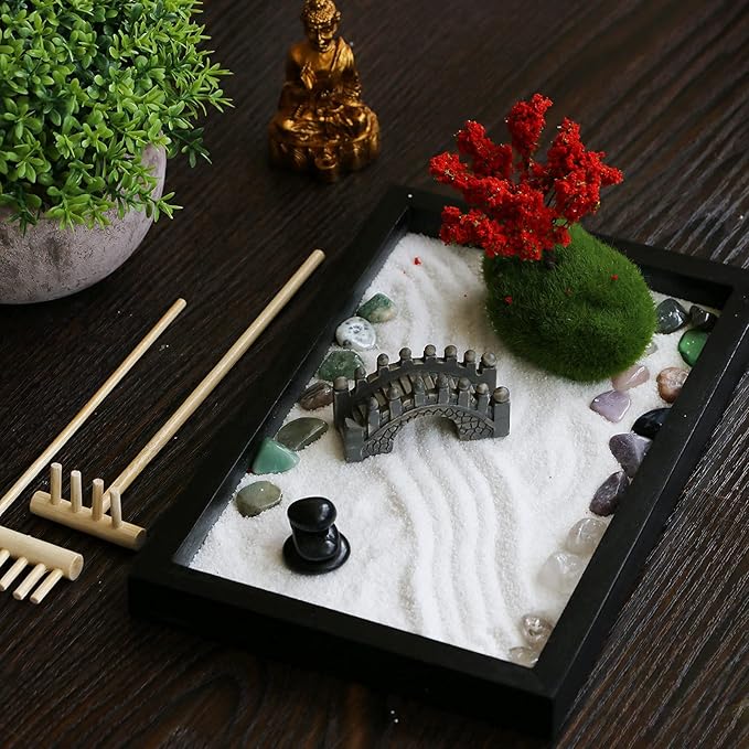 Mini Meditation Zen Garden Kit - Japanese Tabletop Rock Sand Chakra Buddha Zen Garden Home Office Desk Zen Decor Zen Gifts for Father Mother Birthday Gifts Sandbox w/Rake Tool Accessories Bonsai