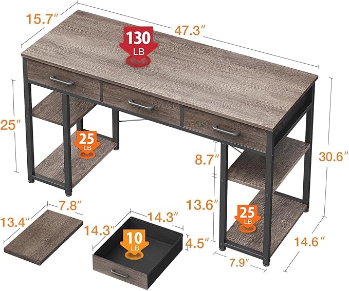 ODK Office Small Computer Desk: Home Table with Fabric Drawers & Storage Shelves, Modern Writing Desk, Grey Oak, 48"x16"