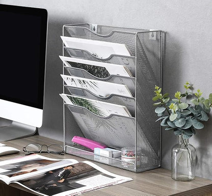 EasyPAG Wall File Organizer Mesh 5 Tier Wall File Holder Desktop Vertical Hanging File Folder Organizer with Bottom Flat Tray Sides Closed,Silver