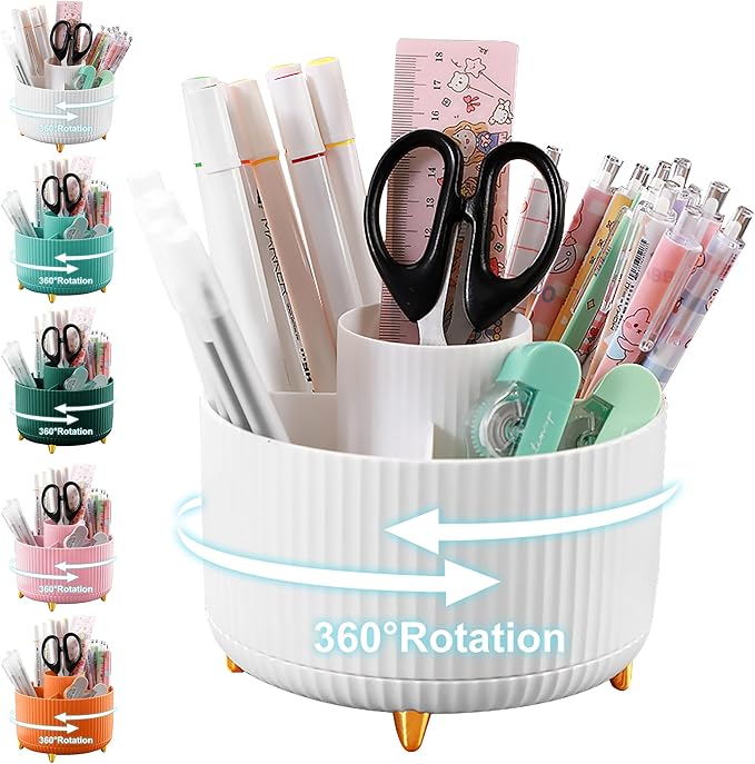 Pencil Holder For Desk,5 Slots 360°Degree Rotating Desk Organizers And Accessories,Desktop Storage Stationery Supplies Organizer, Cute Pencil Cup Pot For Office, School, Home (B-White)