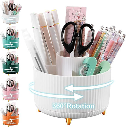 Pencil Holder For Desk,5 Slots 360°Degree Rotating Desk Organizers And Accessories,Desktop Storage Stationery Supplies Organizer, Cute Pencil Cup Pot For Office, School, Home (B-White)