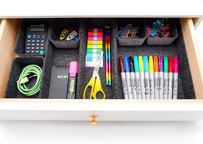 Welaxy desk drawer organizers tray dividers small shallow felt storage bin soft sturdy for office suppliers makeup pens keys coins sorting 8-piece gifts for men sleek minimalist (Charcoal)