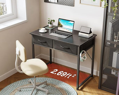 ODK Small Desk with Fabric Drawers- for Bedroom, White Study Desk with Storage, Home Office Computer Desk for Small Spaces, 32 Inch Modern Work Writing Kids Table, Black