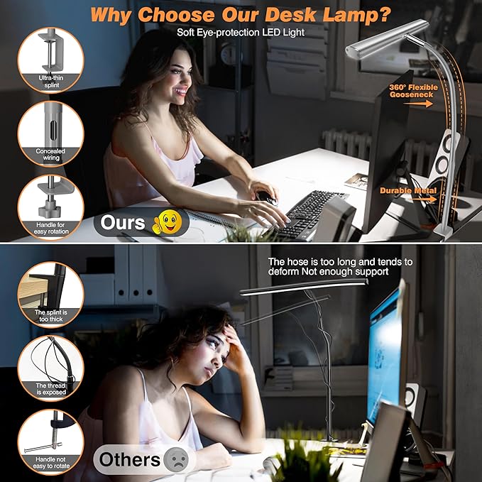 LED Desk Lamp for Office Home, Eye-Caring Desk Light with Stepless Dimming Adjustable Flexible Gooseneck, 10W USB Adapter Desk Lamp with Clamp for Reading, Study, Workbench (Grey)